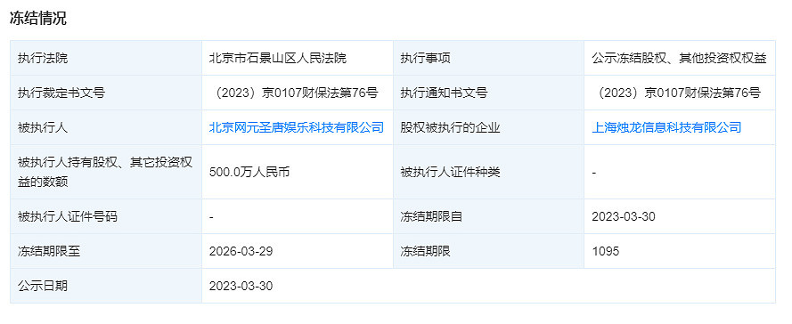 古劍奇譚遊戲方被凍結500萬股權 期限三年 古劍奇譚遊戲方被凍結500萬股權 期限三年
