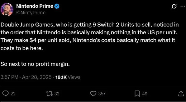 外媒曝料人指出Switch 2利潤每部僅有30塊?薄利多銷 外媒曝料人指出Switch 2利潤每部僅有30塊?薄利多銷