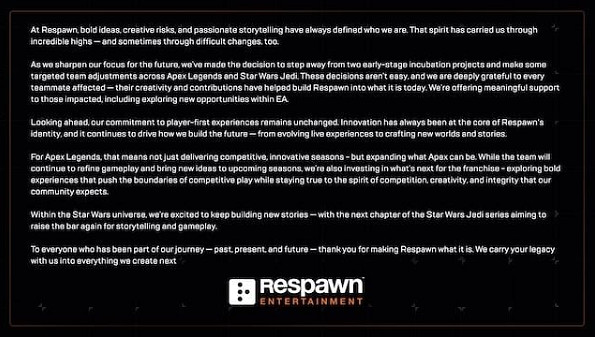 EA保證重生工作室後續將專注《Apex》和《星戰》系列 EA保證重生工作室後續將專注《Apex》和《星戰》系列