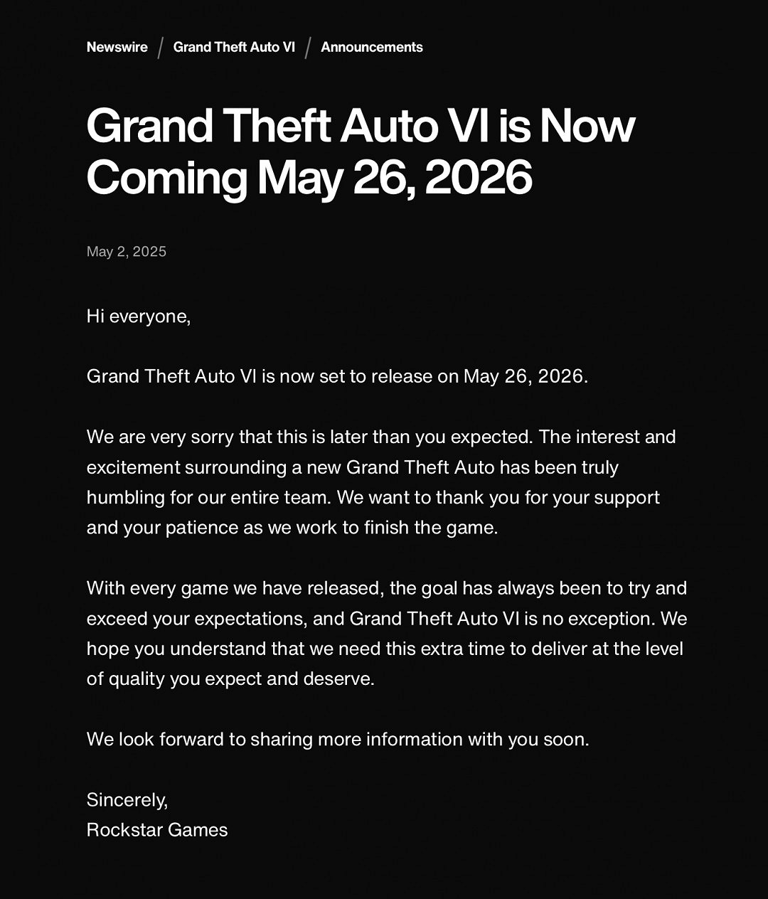 R星官宣《GTA6》跳票！延期至2026年5月26日發售