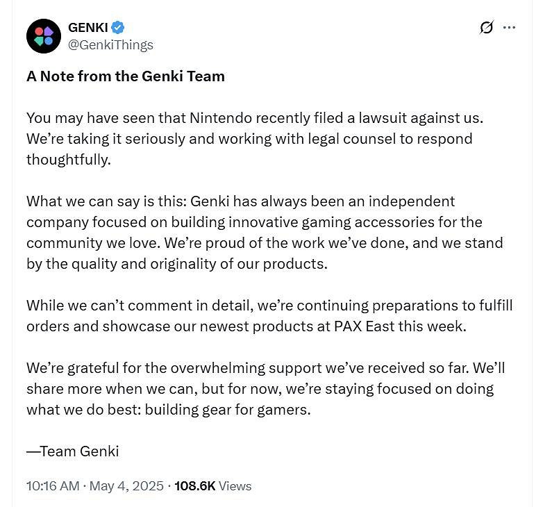任天堂起訴配件製造商Genki泄露Switch 2!Genki回應 任天堂起訴配件製造商Genki泄露Switch 2!Genki回應