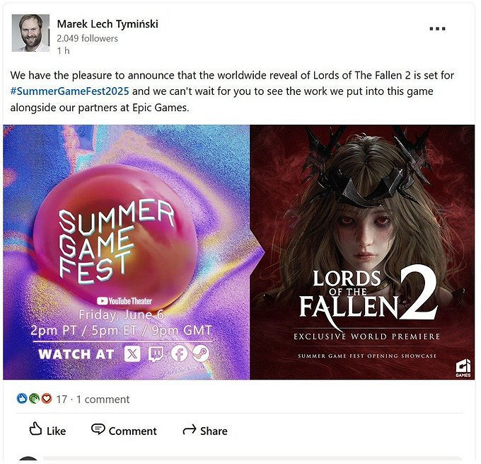 CEO私人帳號透情報 《墮落之主2》或亮相夏日遊戲節