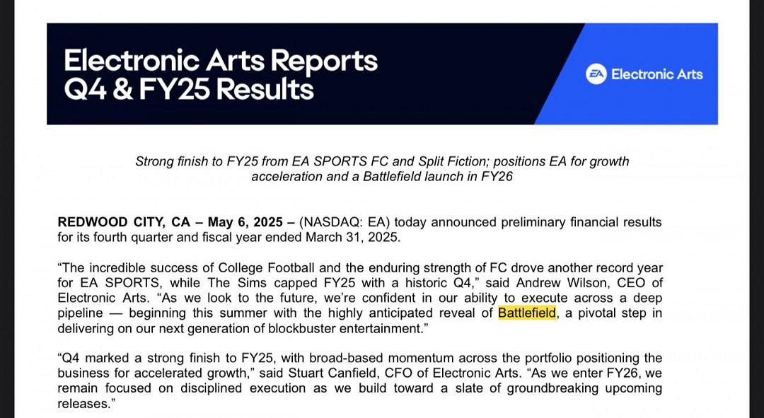 EA 2025財年財報 新《戰地風雲》確認於2026年4月前發售 EA 2025財年財報 新《戰地風雲》確認於2026年4月前發售
