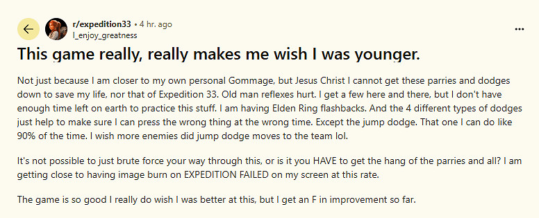 高齡玩家玩《光與影》感慨：太吃操作了 真希望還年輕!