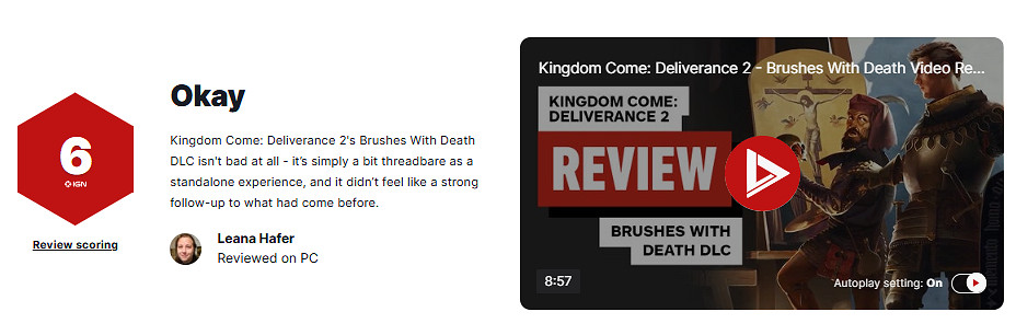 《天國拯救2》DLC&quot;生死繪夢&quot;IGN 6分：體驗稍顯單薄！