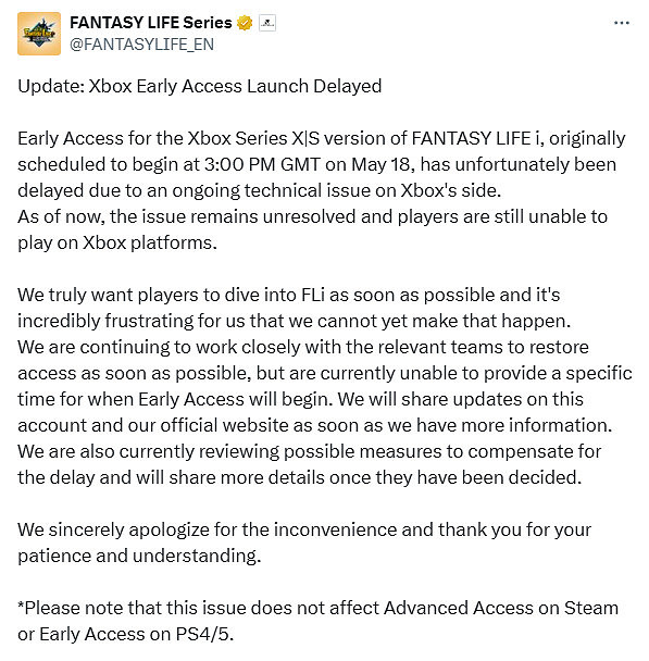 《幻想生活i》Xbox版跳票發布緊急公告：技術故障