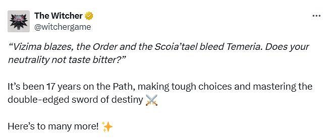 CDPR發文慶祝初代《巫師》發售17周年 重製版正在開發中