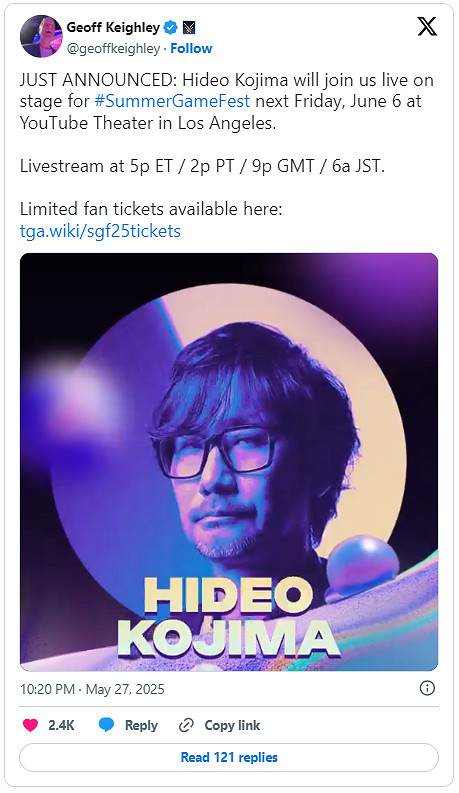 Geoff Keighley確認小島秀夫將在夏日遊戲節登台亮相 Geoff Keighley確認小島秀夫將在夏日遊戲節登台亮相