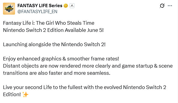 《幻想生活i》6月5日登陸Switch2！僅需2美元升級
