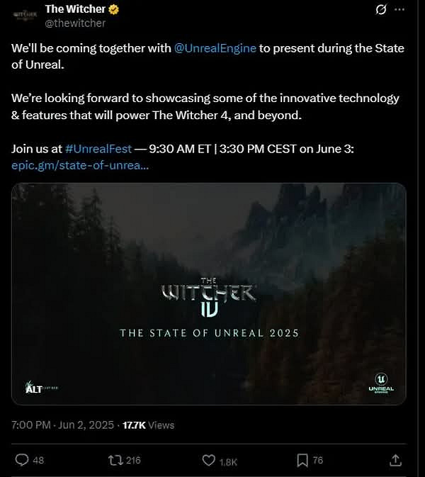 《巫師4》本周現身Epic引擎展會 實錘本作是用虛幻5? 《巫師4》本周現身Epic引擎展會 實錘本作是用虛幻5?