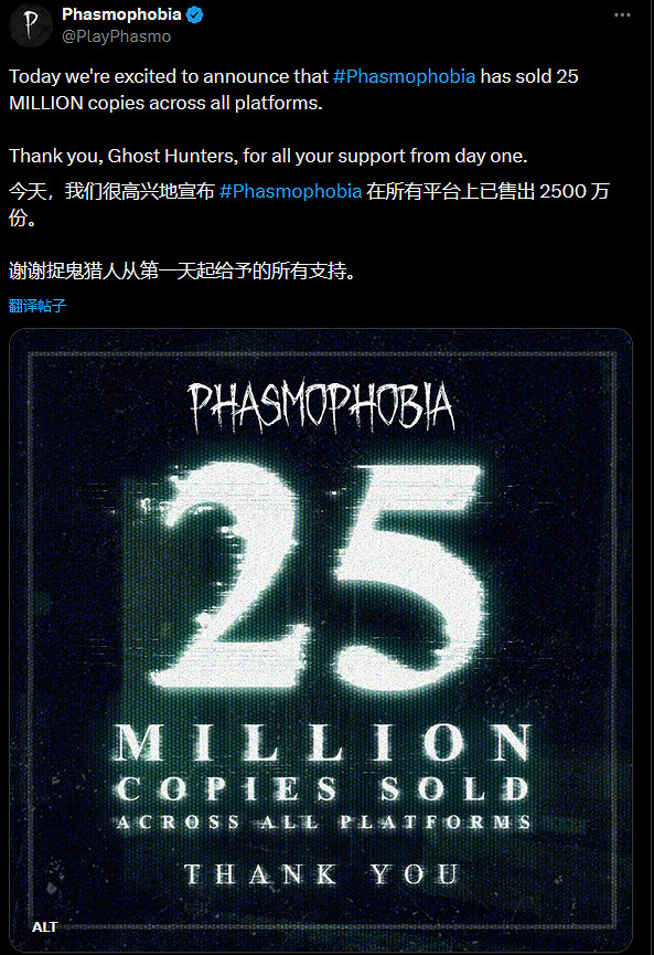 快都來抓鬼!《恐鬼症》全平台銷量突破2500萬份 快都來抓鬼!《恐鬼症》全平台銷量突破2500萬份