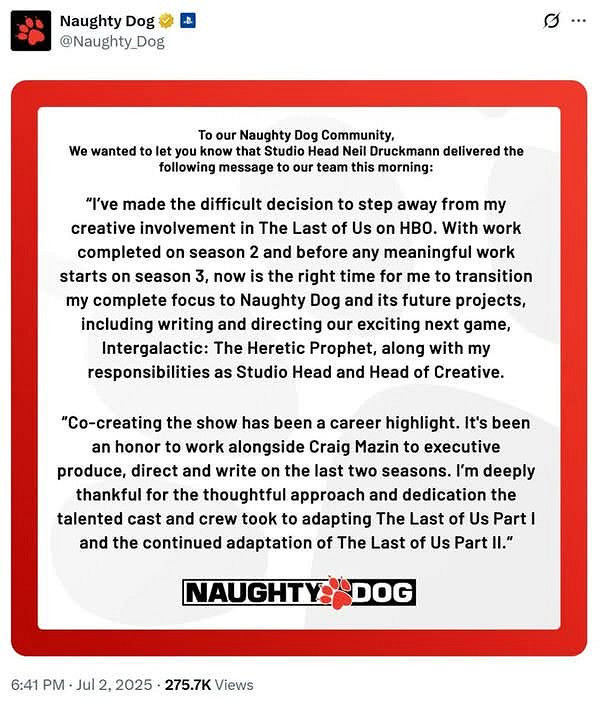 尼爾:不再負責《最後生還者》電視劇 將回歸新作創作 尼爾:不再負責《最後生還者》電視劇 將回歸新作創作