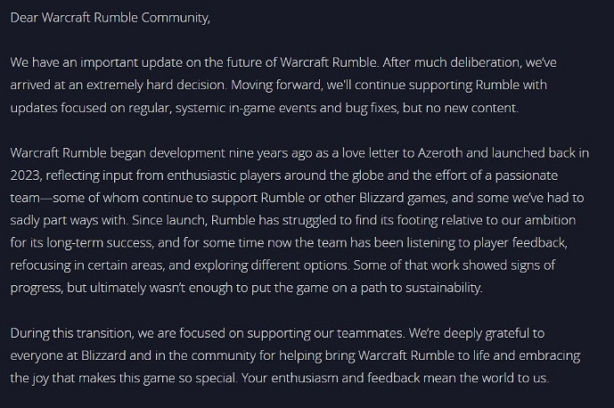 上線未滿一年 暴雪停止開發《魔獸大作戰》PC版新內容