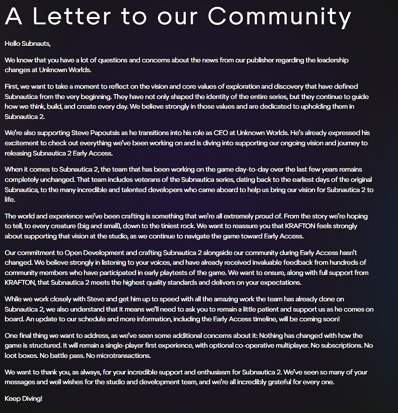 《深海迷航2》開發商回應創始人離職引發的玩家擔憂