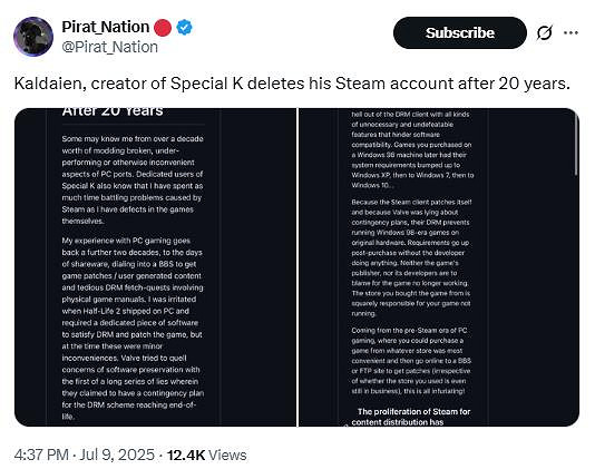 民間大神20年Steam帳戶被刪 曾創知名作品Special K