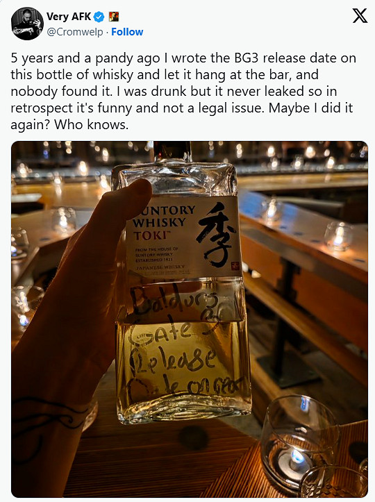 小彩蛋！《柏德之門3》總監將發行日期寫在酒瓶上