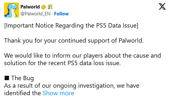 《幻獸帕魯》公布PS5版存檔損壞問題根源與修復進展