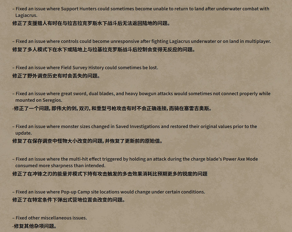 修復了好評過多的bug！《怪獵荒野》發布熱修復更新檔