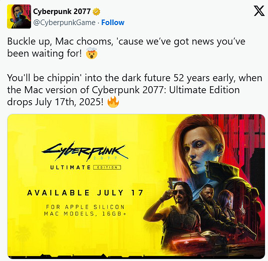 粉絲更在意版本更新!《電馭叛客2077》將登錄macOS 粉絲更在意版本更新!《電馭叛客2077》將登錄macOS