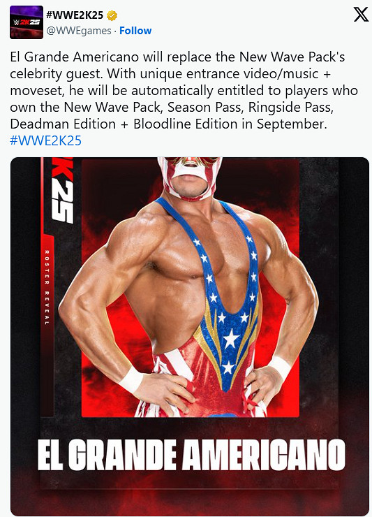《WWE 2K25》宣布"新浪潮"DLC明星客串角色將被替換 《WWE 2K25》宣布"新浪潮"DLC明星客串角色將被替換