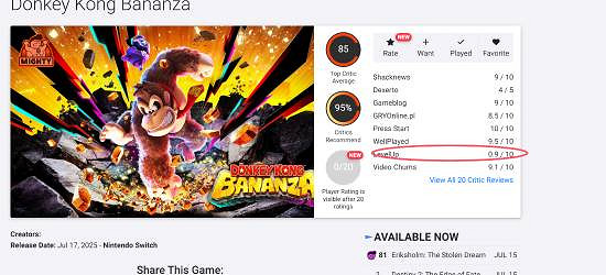 離譜0.9分?M站/OC站《咚奇剛:蕉力全開》評分出錯! 離譜0.9分?M站/OC站《咚奇剛:蕉力全開》評分出錯!