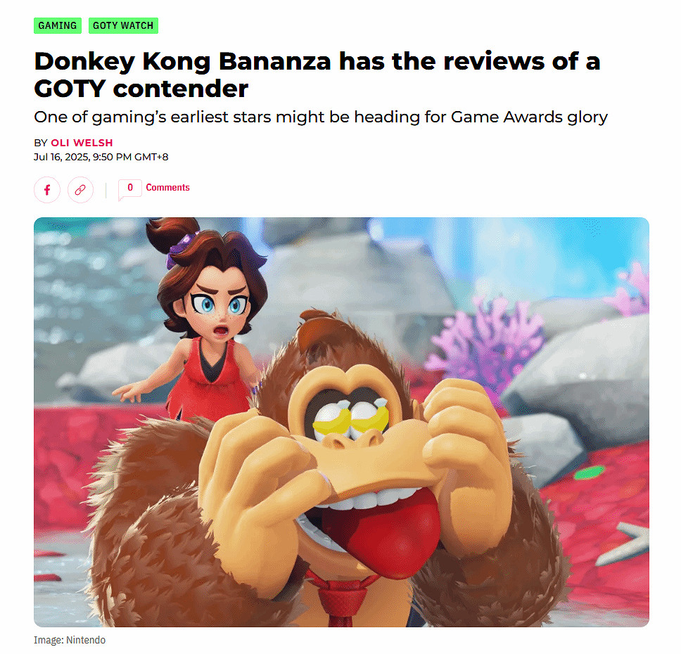 外媒稱讚《咚奇剛：蕉力全開》：年度遊戲有力競爭者！