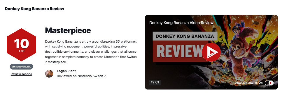 《咚奇剛 蕉力全開》IGN 10分：NS2首部殿堂級作品！