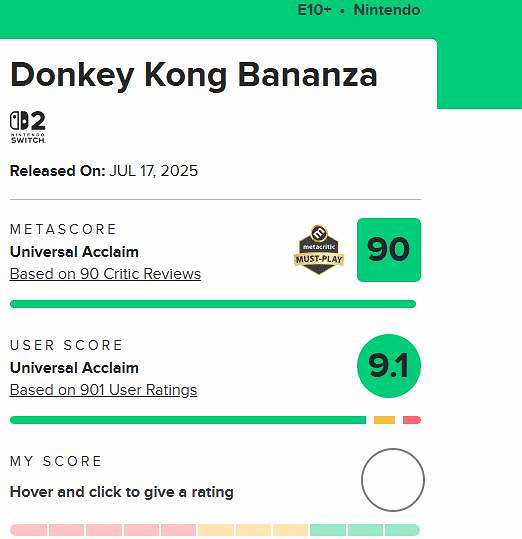 可玩性爆表！《咚奇剛：蕉力全開》M站玩家評分9.1分