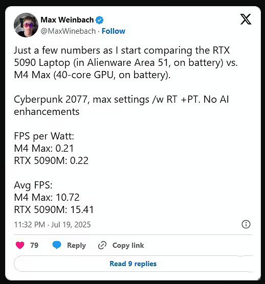 《電馭叛客2077》5090移動版vs蘋果M4 Max 對比測試