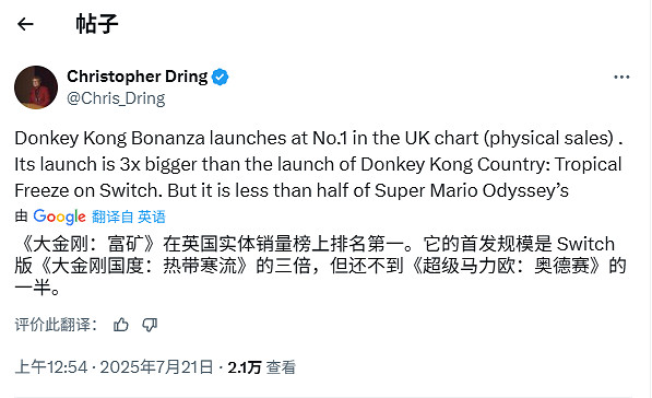 《咚奇剛：蕉力全開》英國首發銷量火爆 超前作3倍！