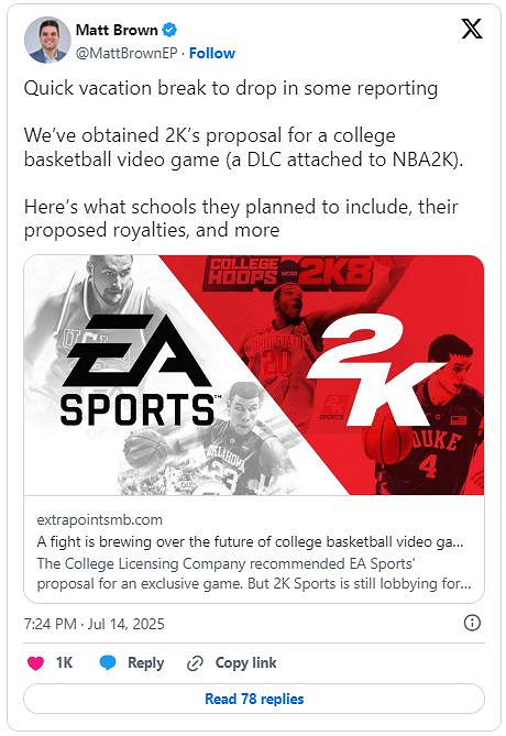 曝2K Sports在考慮重啟《大學籃球2K》系列的可能性