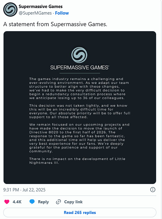 Supermassive Games 宣布裁員並延期新作《指令8020》