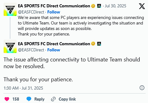 緊急修復!《EA Sports FC 25》PC版伺服器突發故障 緊急修復!《EA Sports FC 25》PC版伺服器突發故障