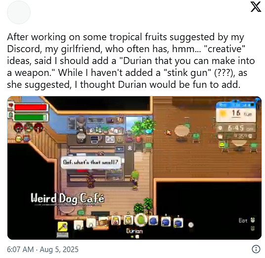 生活模擬遊戲《日光之城》將加入趣味&quot;榴蓮武器&quot;設定