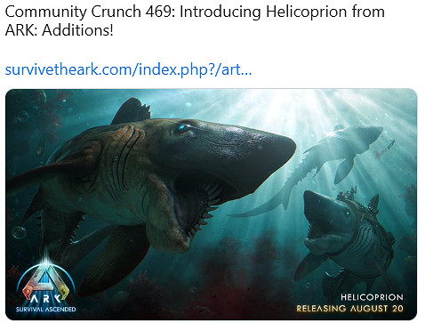 8月20日上線!《方舟:生存飛升》新增生物"旋齒鯊” 8月20日上線!《方舟:生存飛升》新增生物"旋齒鯊”