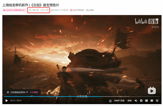 《古劍》預告火爆：播放量破700萬 B站全站熱度第4
