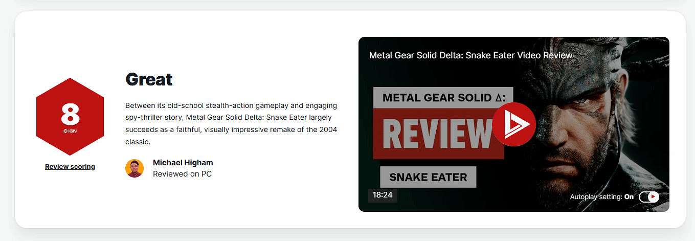 《潛龍諜影3重製版》獲IGN8分：經典魅力依舊線上！