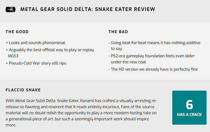 外媒僅為《潛龍諜影RE》打6分：全是重複內容 毫無新意