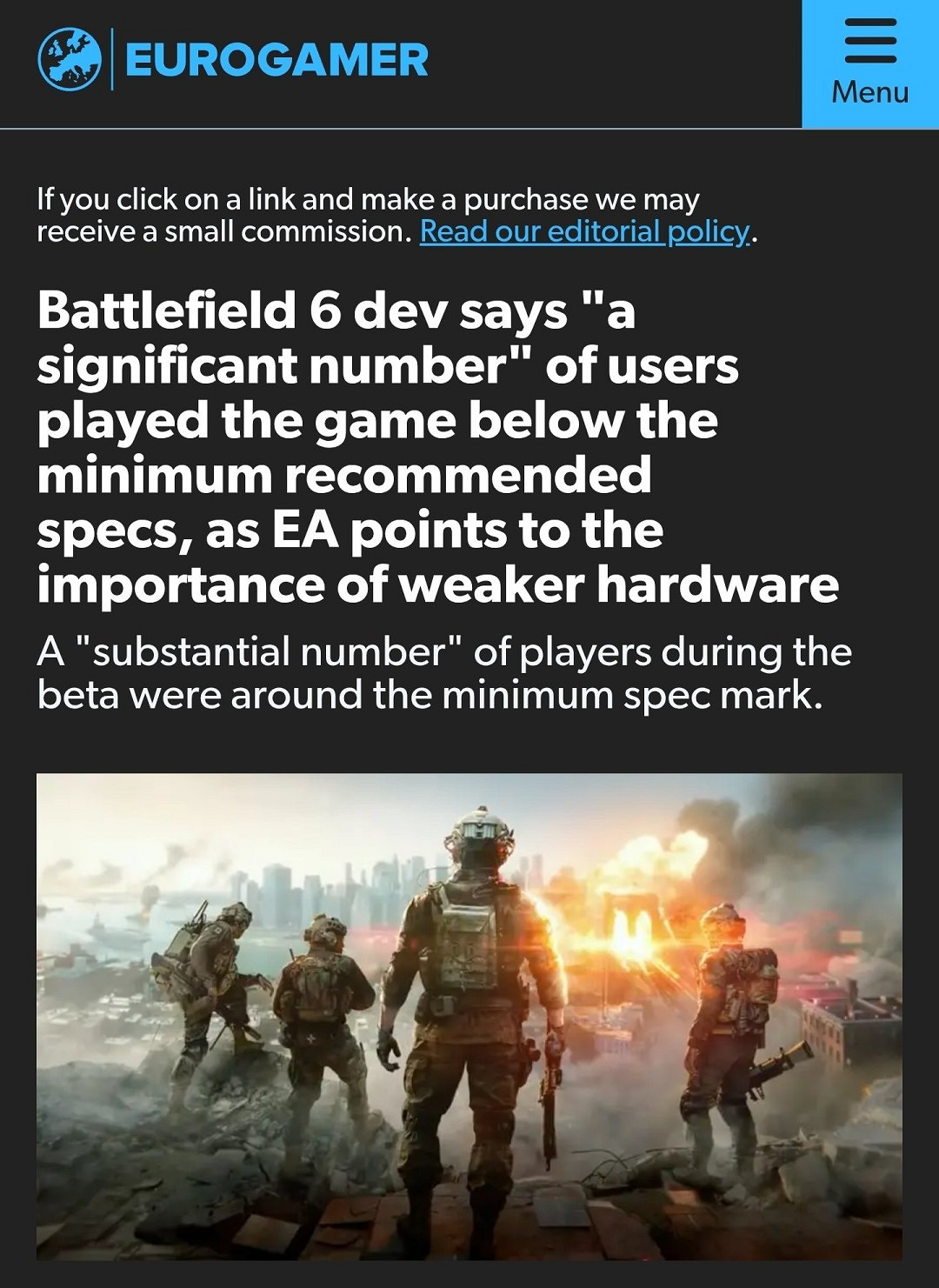 《戰地風雲2042》技術總監稱：大量玩家硬體配置低於最低要求