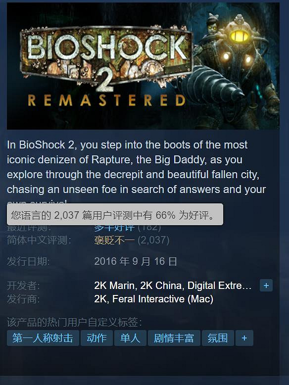 《生化奇兵2》捆綁包1.5折史低：僅需約新台幣42元即可入手