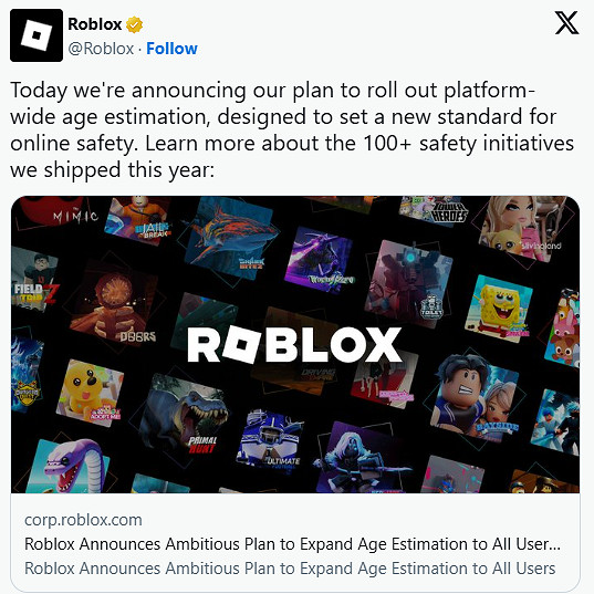 Roblox推出年齡驗證新規：需上傳自拍及身份證件掃描