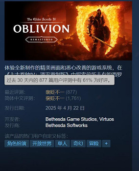 《上古卷軸4RE》Steam評價跌至褒貶不一：性能太差!