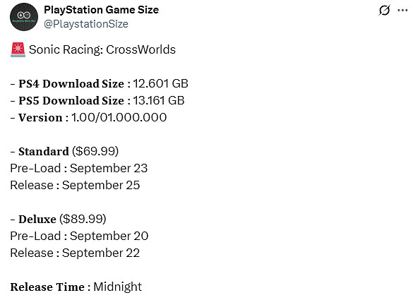 《索尼克賽車:交叉世界》容量大小曝光:PS5僅13GB 《索尼克賽車:交叉世界》容量大小曝光:PS5僅13GB
