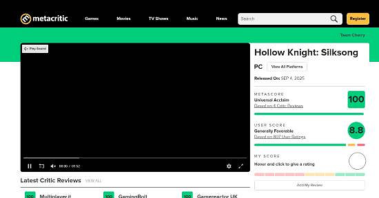 《空洞騎士：絲之歌》M站初期評分：PC版獲得滿分！