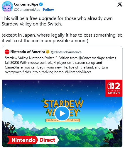 《星露谷物語》Switch2版免費升級!日區象征性收費 《星露谷物語》Switch2版免費升級!日區象征性收費