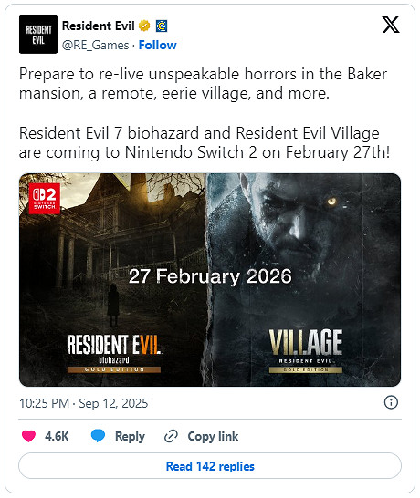 《生化7》《生化8》官宣2026年2月27日登陸Switch2! 《生化7》《生化8》官宣2026年2月27日登陸Switch2!