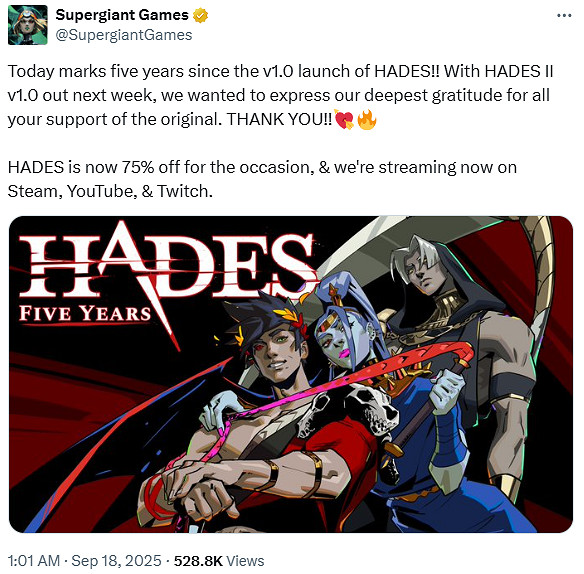 《黑帝斯》現已發售5周年!Steam開啟新史低促銷 《黑帝斯》現已發售5周年!Steam開啟新史低促銷