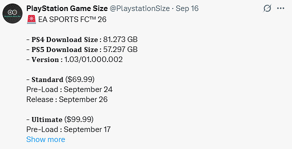 《EA SPORTS FC 26》容量大小曝光:PS5版約57GB! 《EA SPORTS FC 26》容量大小曝光:PS5版約57GB!