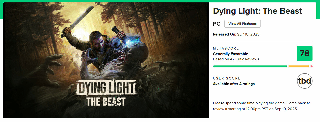 《垂死之光:困獸》M站評分:PC版和PS5版均為78分 《垂死之光:困獸》M站評分:PC版和PS5版均為78分