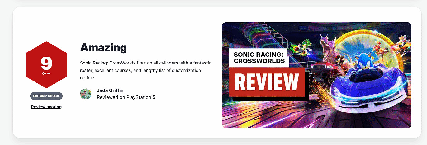 《索尼克賽車》新作IGN 9分：賽道設計堪稱系列最佳！